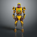 Yellow Mech Robot Character With Purple Faceplate And Green Chest Emblem