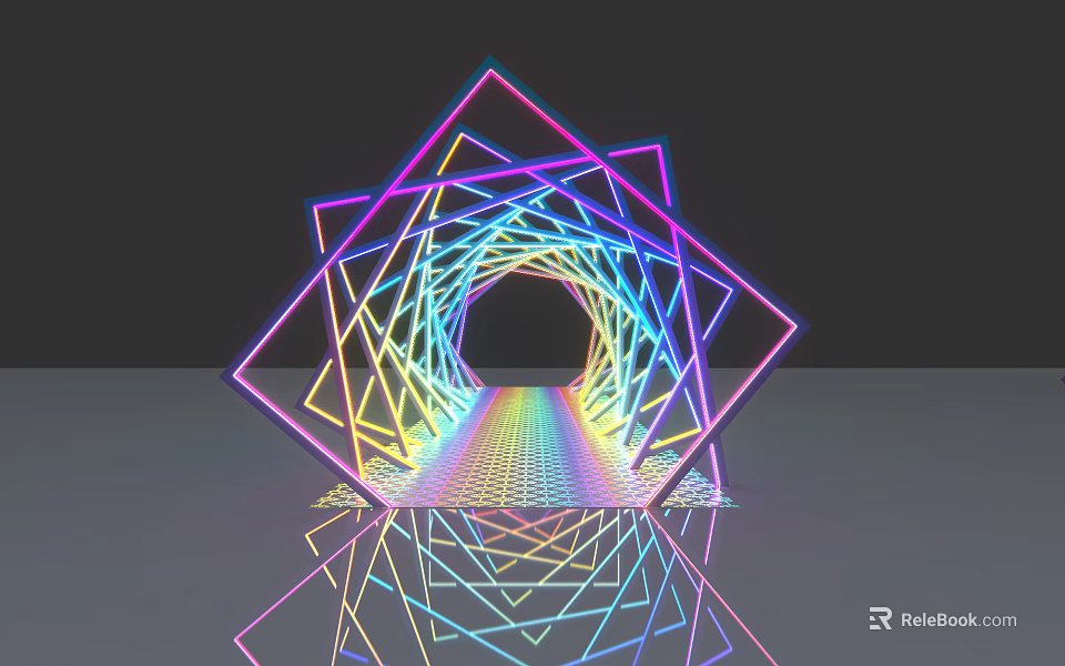 Colorful Interlaced Geometric Tunnel Art Installation With Neon Lines And Reflection 3d model 