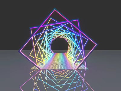 Colorful Interlaced Geometric Tunnel Art Installation With Neon Lines And Reflection 3d model