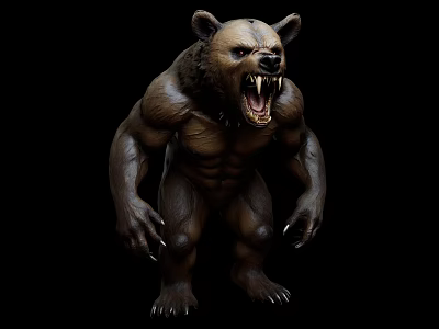 Game Movie Character Muscular Standing Bear Monster with Sharp Fangs and Dark Fur 3d model