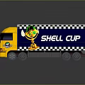 Yellow Cab Blue Trailer Truck With Shell Cup Logo And Cartoon Character