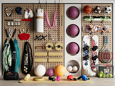 Organized Wall Mounted Sports Equipment Storage with Various Fitness and Outdoor Gear 3d model