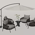 Stylish Outdoor Wicker Sofa Set with Umbrella Side Table Green Plant and Comfortable Gray Cushions