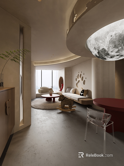 Modern Hotel Guest Room with Moon Lamp Circular Wall Decor Sofa Rocking Horse Area Rug 3d model 