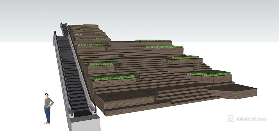 Wooden Stairs With Green Plants On Steps And Side Handrail Design 3d model 