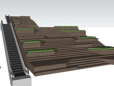 Wooden Stairs With Green Plants On Steps And Side Handrail Design 3d model