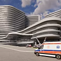 Modern Hospital Building Complex With Green Roof And Curved Exterior Design