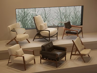 Display Of Leisure Chairs In Various Styles With Wooden Frames Leather And Fabric Upholstery 3d model