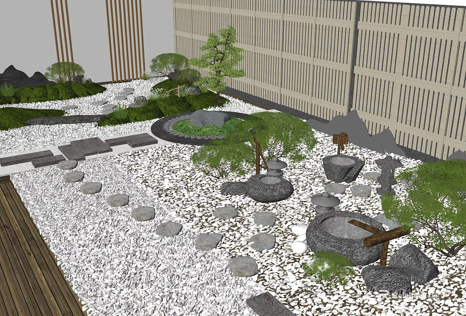 Japanese Zen Courtyard Garden With Gravel Path Stone Arrangements And Wooden Fence 3d model 