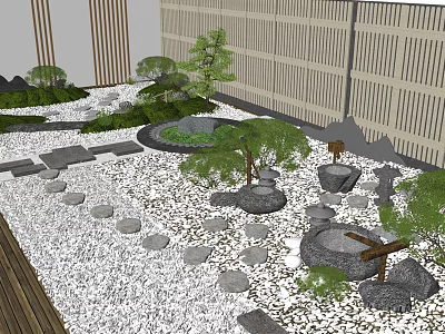 Japanese Zen Courtyard Garden With Gravel Path Stone Arrangements And Wooden Fence 3d model