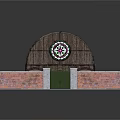 Wooden Arch Roof Building With Red Brick Walls And Stained Glass Arched Windows