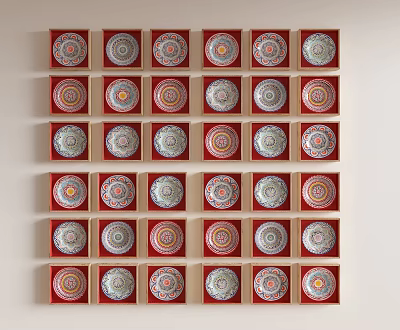 Decorative Wall Hangings In Grid With Red Frames And Circular Patterns 3d model