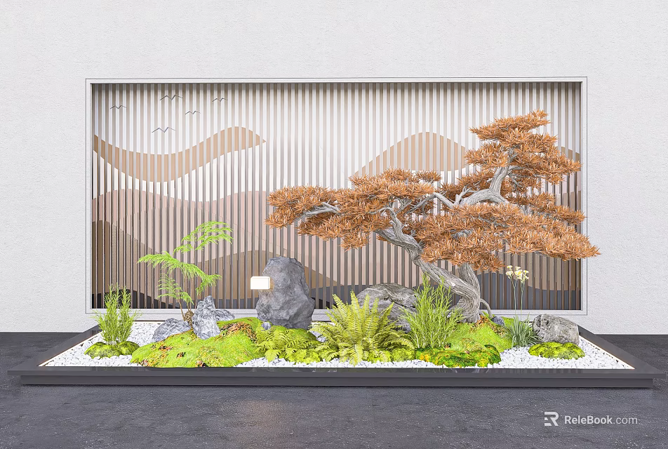 Courtyard Garden Design With Pine Tree Rock Green Plants And Decorative Wall Lamp 3d model 