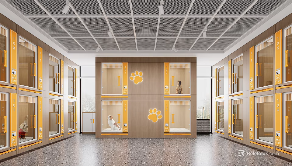 Indoor Pet Boarding Facility With Wooden Glass Door Cages Paw Print Logos And Pet Inside 3d model 