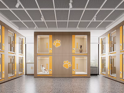 Indoor Pet Boarding Facility With Wooden Glass Door Cages Paw Print Logos And Pet Inside 3d model