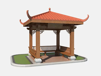Traditional Chinese Pavilion With Red Curved Roof Wooden Structure Bench And Lawn 3d model