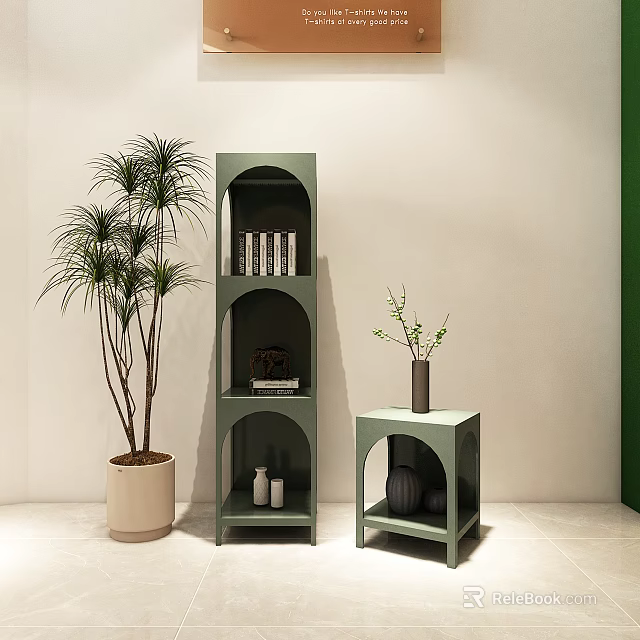 Green Arch Design Bookshelf with Shelves Plants and Decor in Light Room 3d model 
