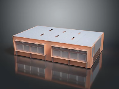 Cartoon Scene Modern Building Featuring Flat Roof Skylights Large Glass Windows and Brown Walls 3d model