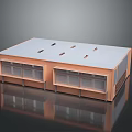 Cartoon Scene Modern Building Featuring Flat Roof Skylights Large Glass Windows and Brown Walls