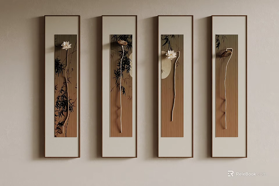Four Vertical Framed Dried Plant Specimens On Light Colored Wall 3d model 