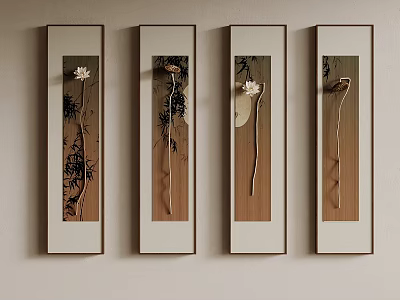 Four Vertical Framed Dried Plant Specimens On Light Colored Wall 3d model
