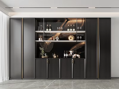 Modern Wine Cabinet With Dark Wood Cabinetry Glass Shelves Wine Bottles And Decorative Accents 3d model
