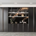 Modern Wine Cabinet With Dark Wood Cabinetry Glass Shelves Wine Bottles And Decorative Accents