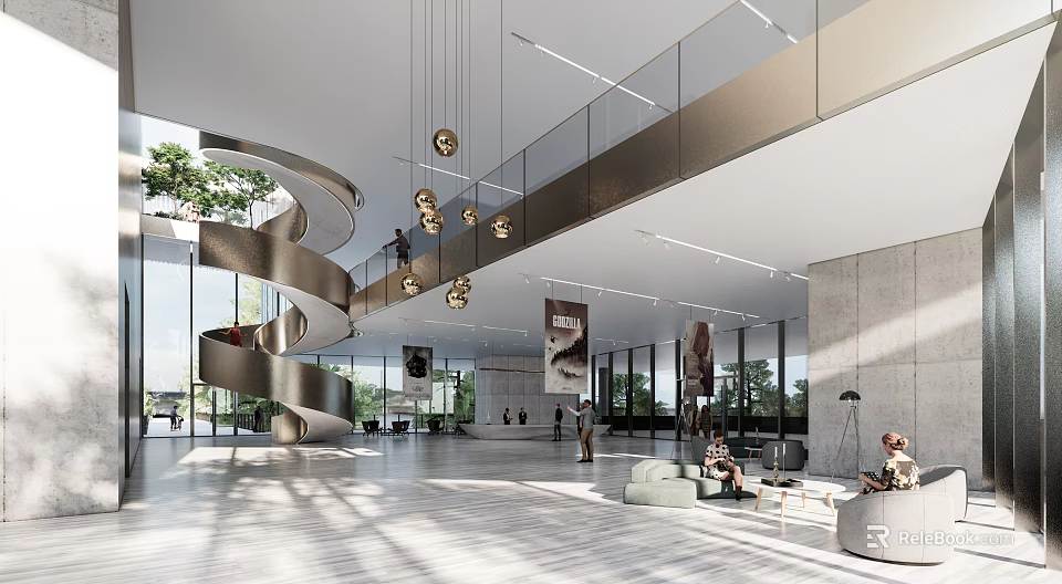 Modern Front Desk Reception Lobby With Stylish Counter And Elegant Lighting 3d model