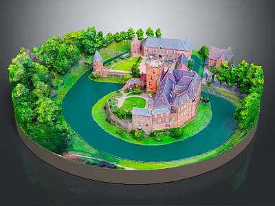 Red Brick Castle Model With Surrounding River Trees And Courtyard Design 3d model