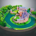 Red Brick Castle Model With Surrounding River Trees And Courtyard Design 3d model