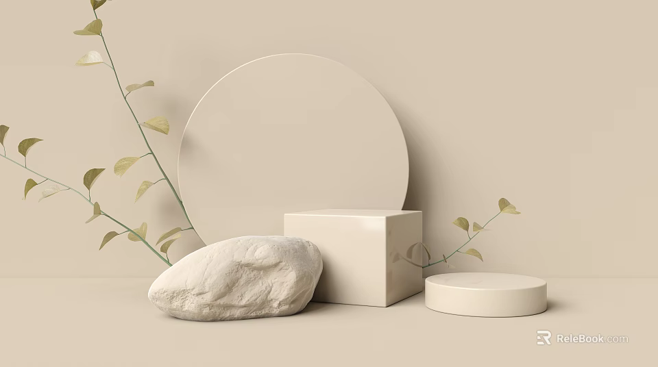 Display Shelves On Beige Background With Round And Square White Stands Stone And Green Branches 3d model 