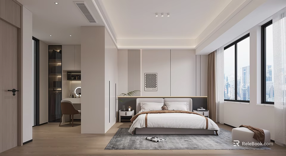 Modern Bedroom Interior Design With Bed Nightstand Area Rug Wall Art And City View Window 3d model 