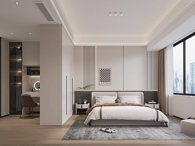 Modern Bedroom Interior Design With Bed Nightstand Area Rug Wall Art And City View Window 3d model