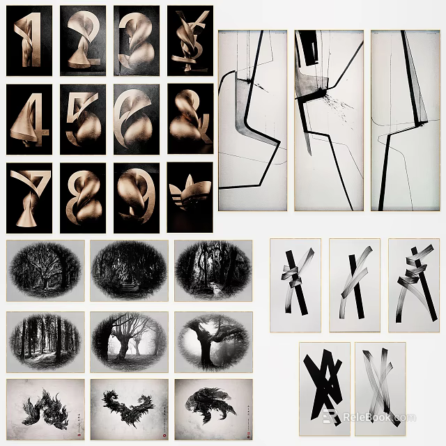 Abstract Paintings with Geometric Lines Monochrome Tones and Artistic Compositions 3d model 