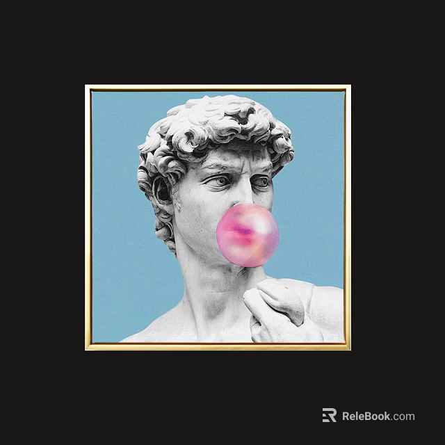 Classical Sculpture Portrait Artwork with Blue Background Pink Bubble Hand Near Chin in Gold Frame 3d model 
