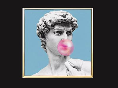 Classical Sculpture Portrait Artwork with Blue Background Pink Bubble Hand Near Chin in Gold Frame 3d model