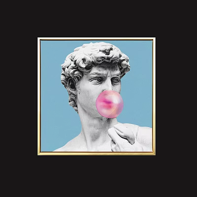 Classical Sculpture Portrait Artwork with Blue Background Pink Bubble Hand Near Chin in Gold Frame 3d model
