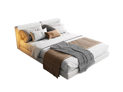 Modern Single Bed With White Bedding Brown And Gray Pillows And Blanket 3d model