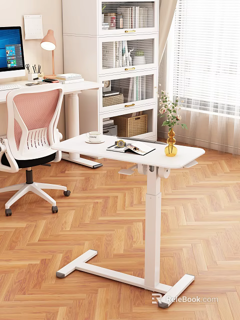 Modern White Adjustable Desk with Office Chair Cup Book Vase and Wooden Floor Bookshelf 3d model 