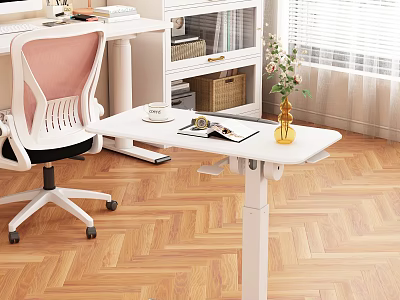 Modern White Adjustable Desk with Office Chair Cup Book Vase and Wooden Floor Bookshelf 3d model