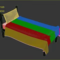 Single Bed With Black Frame And Gray Plaid Bedspread And Pillow 3d model