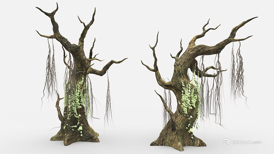 Natural Garden Landscape Featuring Withered Trees Green Vines And Hanging Roots 3d model 