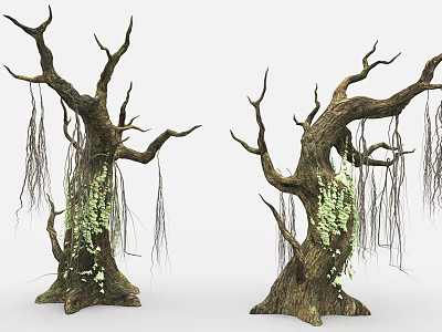 Natural Garden Landscape Featuring Withered Trees Green Vines And Hanging Roots 3d model