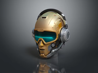 Futuristic Golden Weapon Helmet With Green Goggles And Metallic Headset Design 3d model