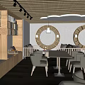 Modern Café Interior With Curved Layout Round Tables Wooden Seating And Bar Counter
