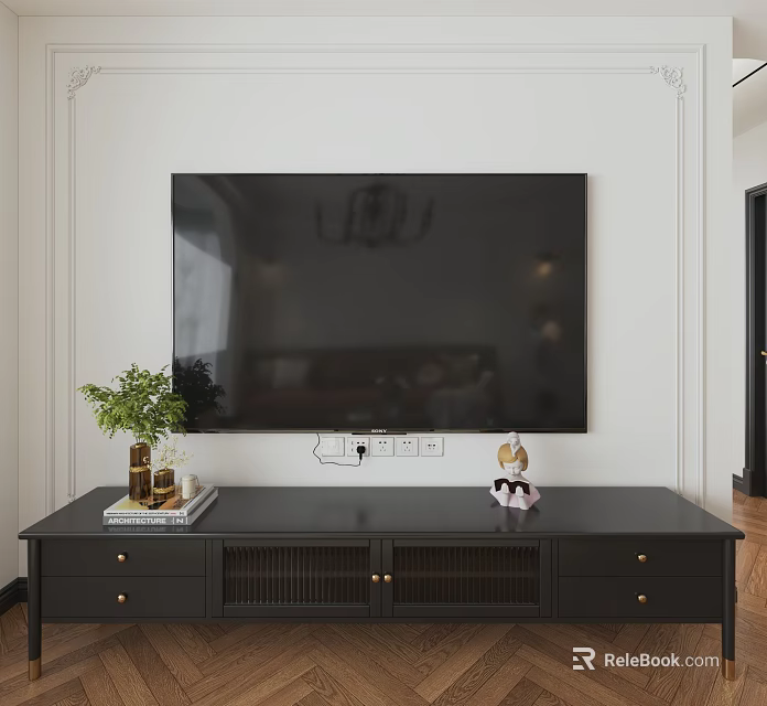 Modern Black TV Stand with Green Plant Books and Decorative Ornament in Living Room 3d model 