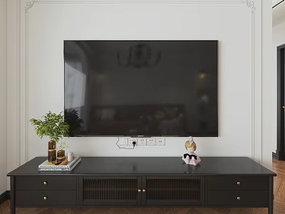 Modern Black TV Stand with Green Plant Books and Decorative Ornament in Living Room 3d model