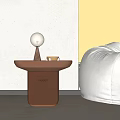 Brown Side Table With White Spherical Lamp And Metal Cups By Gray Wall 3d model