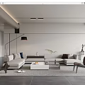 Modern Living Room Interior With Light Colored Sofa Coffee Table Floor Lamp And Green Plant