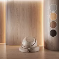 Elegant Wooden Component With Stacked Structure And Circular Decor On Wood Textured Wall